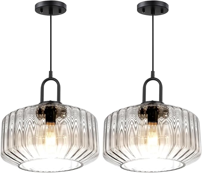 Large Glass Pendant Lights Kitchen Island Vintage Hanging Light Clear Striped Blown Shade Mid Century Modern Hanging Ceiling Lights with Black Finish Adjustable Cord for Dining Room
