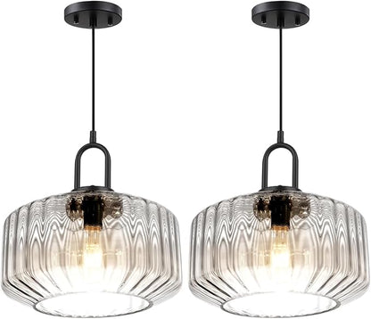 Large Glass Pendant Lights Kitchen Island Vintage Hanging Light Clear Striped Blown Shade Mid Century Modern Hanging Ceiling Lights with Black Finish Adjustable Cord for Dining Room