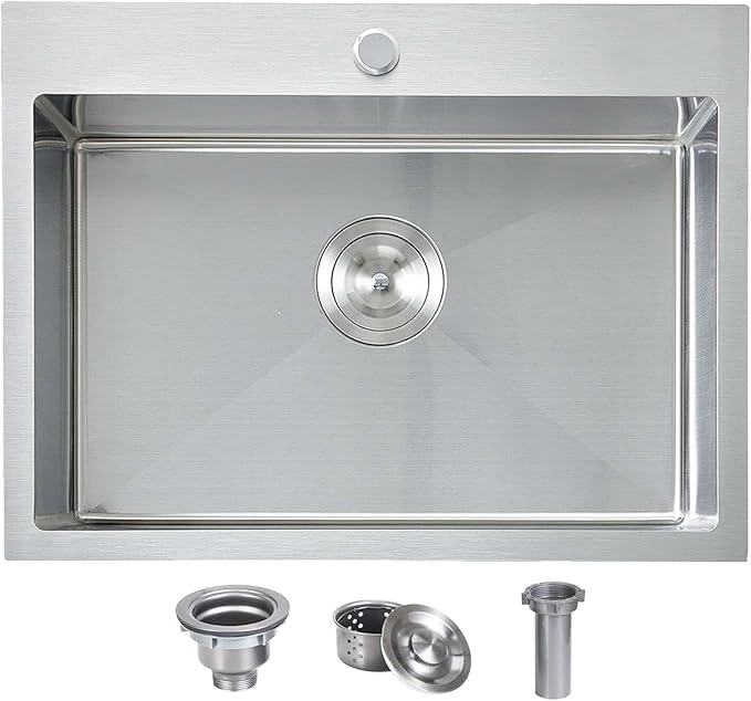 HOTIS 22x18 Inch Drop In Kitchen Sink, Stainless Steel Handmade Single Bowl Topmount Kitchen Sink, Brushed Nickel Prep Sink with Strainer
