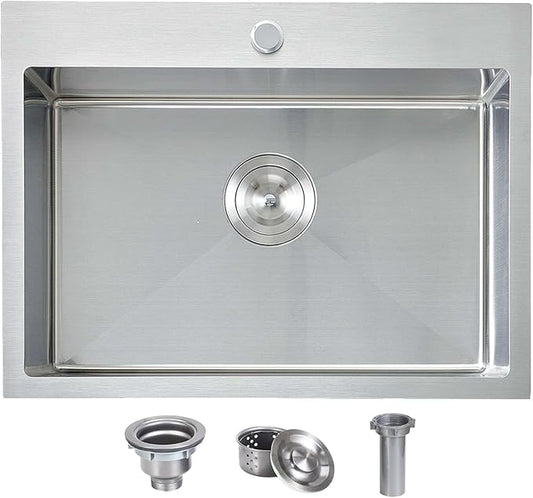HOTIS 22x18 Inch Drop In Kitchen Sink, Stainless Steel Handmade Single Bowl Topmount Kitchen Sink, Brushed Nickel Prep Sink with Strainer