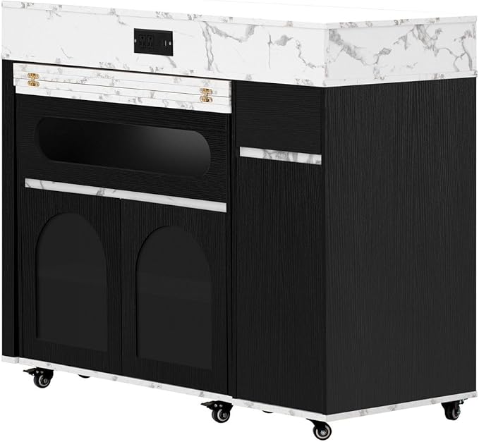 Extendable Dining Table with Rolling Kitchen Island, 54.1" Folding Top, Storage Cabinet, Drawers, Power Outlet, USB Ports, Brake Lock Wheels, 4-5 People, 110 LBS Capacity, Black