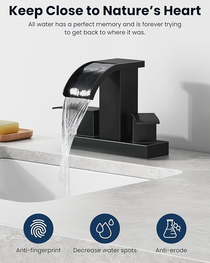 gotonovo Waterfall 4 Inch Centerset Bathroom Sink Faucet 2 Handle Basin Faucets 2 or 3 Hole Deck Mount with Pop Up Drain Included Lavatory Modern Mixer Tap Vanity Faucet Matte Black