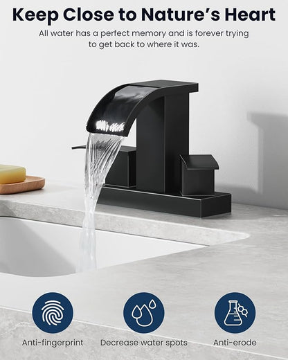 gotonovo Waterfall 4 Inch Centerset Bathroom Sink Faucet 2 Handle Basin Faucets 2 or 3 Hole Deck Mount with Pop Up Drain Included Lavatory Modern Mixer Tap Vanity Faucet Matte Black