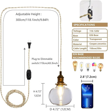 Plug in Glass Pendant Light with Dimmable Switch 4.72" Vintage Hanging Pendant Light Fixtures for Bedside Dining Room Foyer, Brass