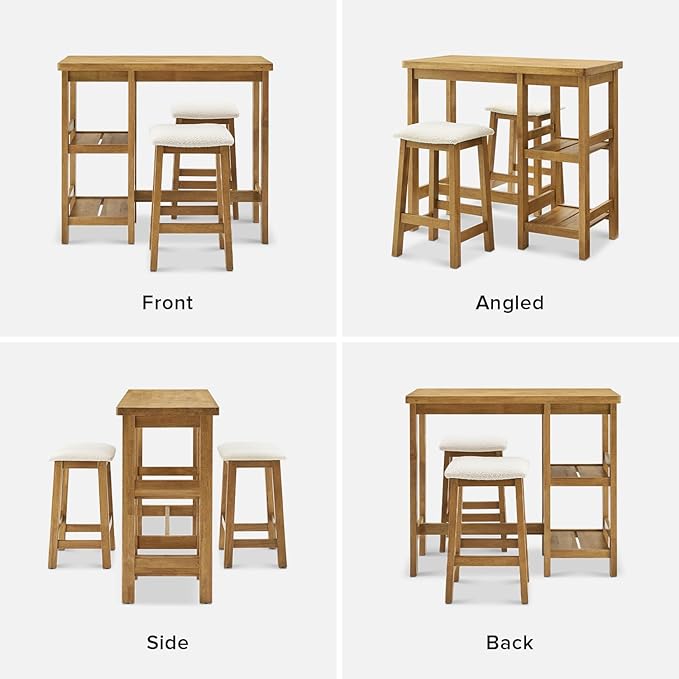 mopio Kelly Solid Wood Counter Table Set with 2 Boucle Stools, 3-Piece Small Dining Kitchen Island Table Set for 2, with Storage Shelves, for Living Room, Dining Room, Kitchen