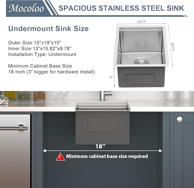 Mocoloo Undermount Bar Sink 15 x 19 Inch Single Bowl Undermount Kitchen Sink 16 Gauge Stainless Steel Bar Prep Workstation 10" Deep Handmade Sinks