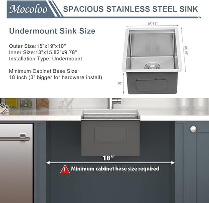 Mocoloo Undermount Bar Sink 15 x 19 Inch Single Bowl Undermount Kitchen Sink 16 Gauge Stainless Steel Bar Prep Workstation 10" Deep Handmade Sinks