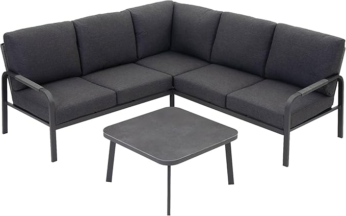 4-Piece Aluminum Outdoor Furniture Set with Coffee Table – 2-Seat Sofa with Cushions, All-Weather Metal Frame, Perfect for Patio, Garden, and Balcony,Beige (Grey, Corner Sofa Set)