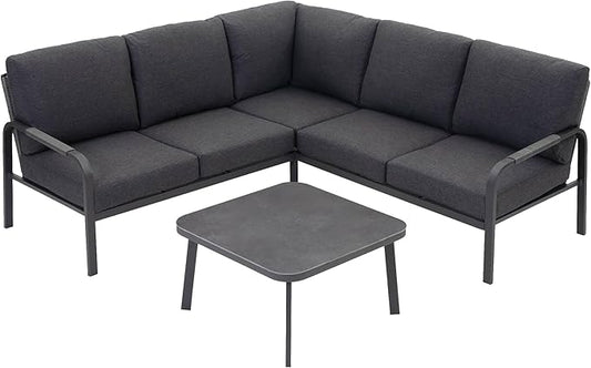 4-Piece Aluminum Outdoor Furniture Set with Coffee Table – 2-Seat Sofa with Cushions, All-Weather Metal Frame, Perfect for Patio, Garden, and Balcony,Beige (Grey, Corner Sofa Set)