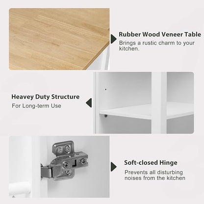 Versatile Kitchen Island Cart with Extendable Dining Table, Ample Storage, Built-in Power Outlet, and Adjustable Shelves - White and Natural Wood