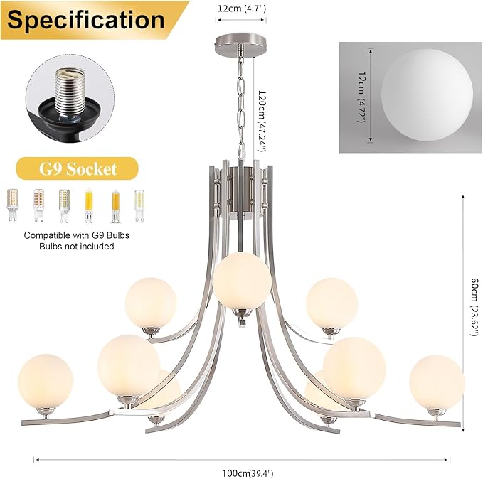 9-Light Nickel Chandelier for Dining Room Lighting Fixtures Hanging,Modern Globe Glass Chandelier, 39" Farmhouse Pendant Lights for Kitchen Island, Living Room