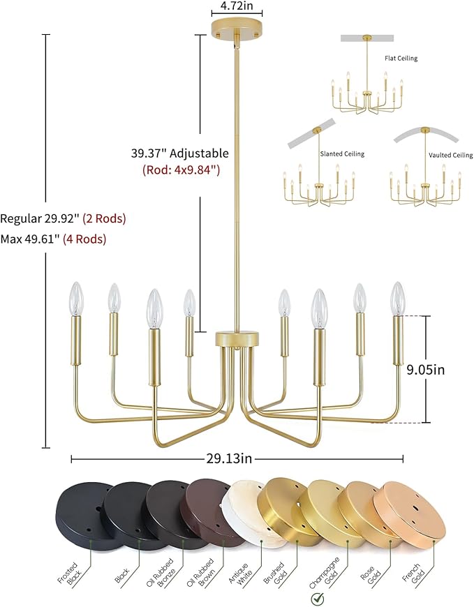 Gold Chandelier, 8-Light Farmhouse Chandeliers for Dining Room, Gold Candle Chandelier Light Fixtures for Kitchen, Living Room, Foyer, Entryway