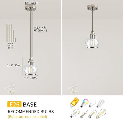 1-Piece Brushed Nickel Island Light for Kitchen, 1-Light Brushed Nickel Hanging Pendant Light with Clear Round Glass Shade for Dining Room,Bedroom