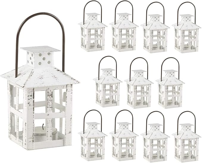 Kate Aspen Decorative Lanterns - Set of 12 - Distressed Metal Vintage Mini Lanterns, Centerpiece for Table, Accent Piece and Home Decor, Favors for Wedding and Baby Showers (White)