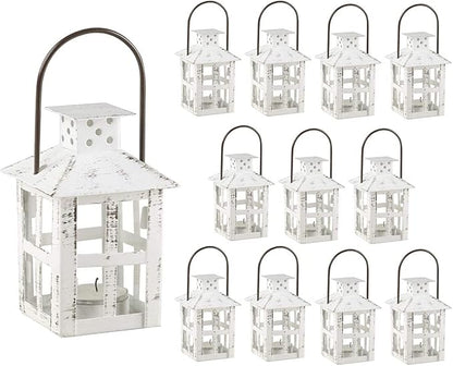 Kate Aspen Decorative Lanterns - Set of 12 - Distressed Metal Vintage Mini Lanterns, Centerpiece for Table, Accent Piece and Home Decor, Favors for Wedding and Baby Showers (White)