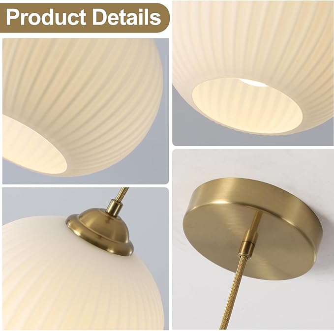 Mid Century Milk Glass Pendant Light Fixture Antique Brass Kitchen Pendant Light Ribbed Glass Ceiling Light Small Globe Pendant Lamp Vintage Gold Pendant Lighting (2 Pack)