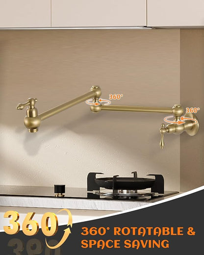 Gold Pot Filler, Brushed Brass Pot Filler Faucet Wall Mount, Potfiller, Vintage Pot Filler Over The Stove Faucet with Two Handles Strechable Double Joint Swing Arms