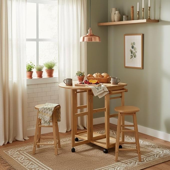 Furnifact Space-Saving 3-Piece Drop Leaf Dining Set, Solid Wood Table & 2 Round Stools, Brown