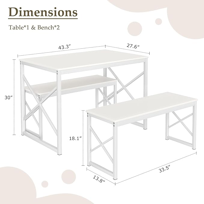 VECELO Kitchen Table with 2 Benches for 4, 43.3'' Wood Dining Room Dinette Sets with Metal Frame for Breakfast Nook and Small Space, White
