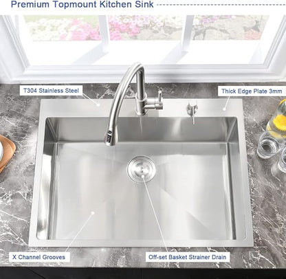 Stainless Steel Kitchen Sink Drop In-Hovheir 31x20 Inch Drop In Top Mount Kitchen Sinks 16 Gauge Stainless Steel Deep Sink Single Basin Overmount Sinks with Cutting Board