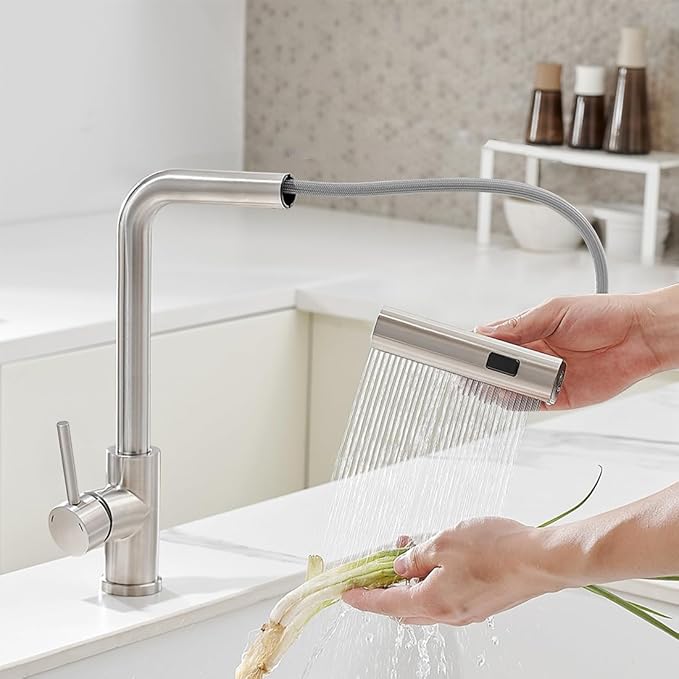 OWOFAN Kitchen Faucet with Pull Down Sprayer Waterfall Single Hole Single Handle Stainless Steel Kitchen Sink Faucets Brushed Nickel