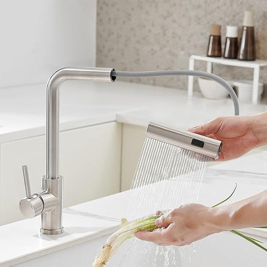 OWOFAN Kitchen Faucet with Pull Down Sprayer Waterfall Single Hole Single Handle Stainless Steel Kitchen Sink Faucets Brushed Nickel