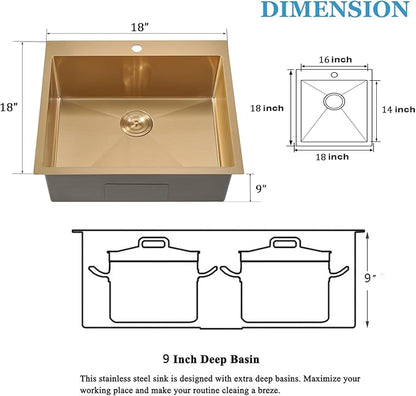 SHACO 18x18 Inch Gold Bar Sink, 18 Inch Drop In Gold Small Kitchen RV Laundry Utility Sink, Top Mount 16 Gauge Stainless Steel Single Bowl