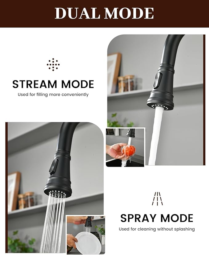 APPASO Vintage Black Kitchen Faucet with Pull-Down Sprayer, 1 or 3 Hole Kitchen Sink Faucets with Deck Plate, Stainless Steel High Arc Single-Handle Sink Faucet, CUPC-Certified Pull-Out Hose