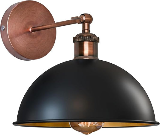 Dome Metal Wall Sconce, 180° Adjustable Industrial Wall Lamp for Bedside, Study, Kitchen, and Living Room Décor. (Black Inner Gold_)