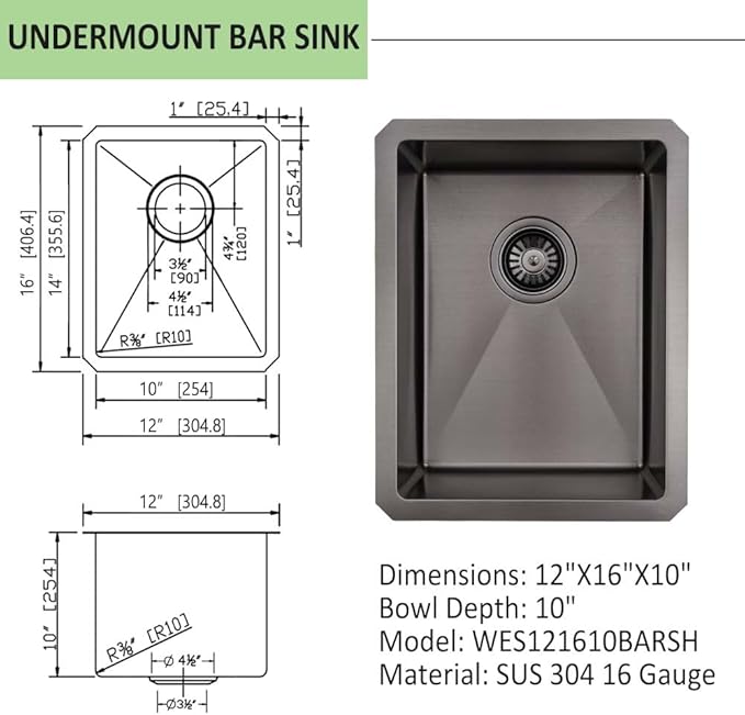 12 Inch Undermount Black Bar Sink -Wesliv 12x16 Small Kitchen Sink Under Mount Outdoor Rv Sink 16 Gauge Stainless Steel Wet Bar Sinks with Bottom Grid&Drain