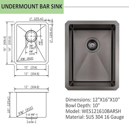 12 Inch Undermount Black Bar Sink -Wesliv 12x16 Small Kitchen Sink Under Mount Outdoor Rv Sink 16 Gauge Stainless Steel Wet Bar Sinks with Bottom Grid&Drain
