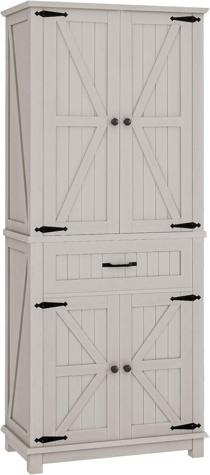DWVO 72" Tall Farmhouse Pantry Cabinet, Kitchen Storage Pantry with Barn Doors & Drawer, Versatile Organizer with Adjustable Shelves, Rustic Cupboard for Dining Room, Living Room, White Oak