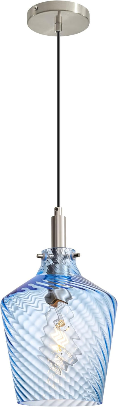 Modern Stripes Blue Glass Pendant Lighting for Kitchen Island 1 Pack, Farmhouse Nickel Pendant Light Fixtures, Height Adjustable Ceiling Pendant Light, 8 Inch
