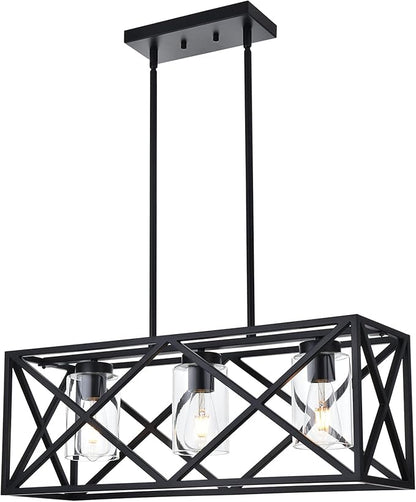 3-Lights Black Kitchen Island Pendant Lighting, Contemporary Dining Room Chandelier with Clear Glass Shades for Overtable Living Room