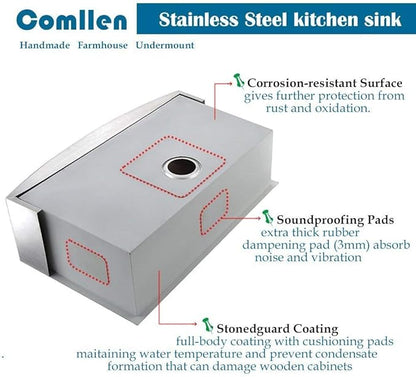 Comllen Commercial 33 Inch 304 Stainless Steel Farmhouse Sink, Single Bowl Kitchen Sinks 16 Gauge 9 Inch Deep Handmade Undermount Farm Apron Front Kitchen Sink