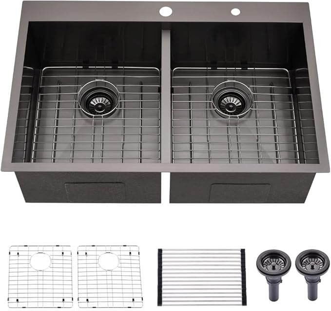 33 Inch Black Double Bowl Drop In Kitchen Sink-Bokaiya 33x22 Drop In Kitchen Sink 50/50 Double Bowl 16 Gauge Deep Low Divided Stainless Steel Basin with Roll Up Rack
