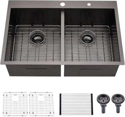 33 Inch Black Double Bowl Drop In Kitchen Sink-Bokaiya 33x22 Drop In Kitchen Sink 50/50 Double Bowl 16 Gauge Deep Low Divided Stainless Steel Basin with Roll Up Rack