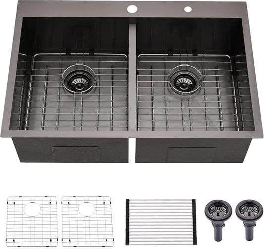 33 Inch Black Double Bowl Drop In Kitchen Sink-Bokaiya 33x22 Drop In Kitchen Sink 50/50 Double Bowl 16 Gauge Deep Low Divided Stainless Steel Basin with Roll Up Rack