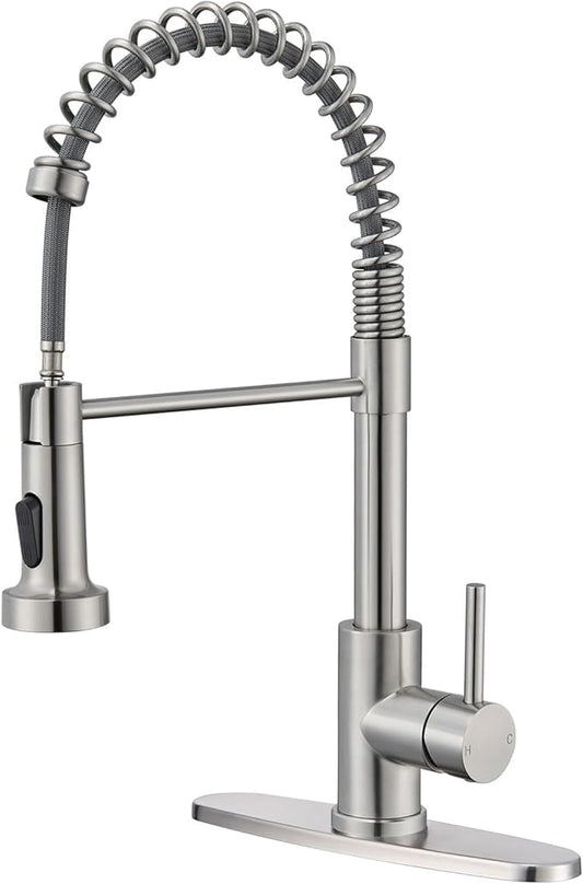 Kitchen Faucet with Pull Down Sprayer, Brushed Nickel High Arc Single Handle Spring Pull Out Stainless Steel Faucet for Kitchen Sink, 2 Mode Utility Ideal for Laundry Camper Bar RV Room