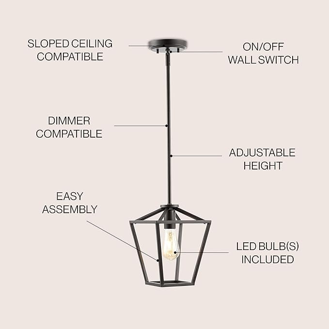 JONATHAN Y 7.88" Oil Rubbed Bronze 1-Light Industrial Farmhouse Iron LED Pendant Light, Adjustable Cage Lantern for Kitchen Island, Dining Room, Foyer, Iron Shade JYL7580A