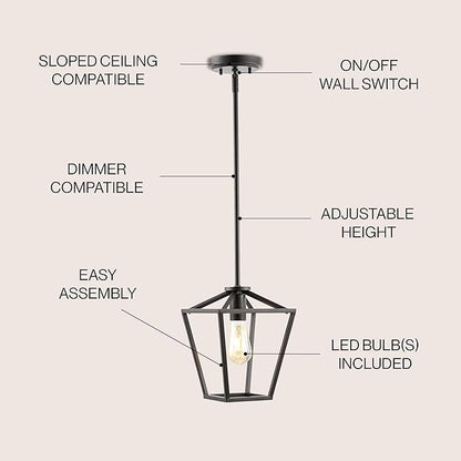 JONATHAN Y 7.88" Oil Rubbed Bronze 1-Light Industrial Farmhouse Iron LED Pendant Light, Adjustable Cage Lantern for Kitchen Island, Dining Room, Foyer, Iron Shade JYL7580A