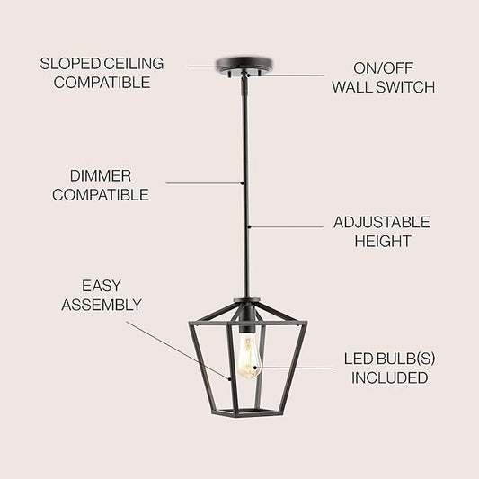 JONATHAN Y 7.88" Oil Rubbed Bronze 1-Light Industrial Farmhouse Iron LED Pendant Light, Adjustable Cage Lantern for Kitchen Island, Dining Room, Foyer, Iron Shade JYL7580A