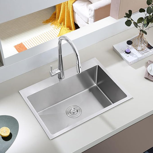 28 Inch Drop in Kitchen Sink, 18 Gauge 304 Stainless Steel Topmount Single Bowl Single Faucet Hole Handmade Kitchen Sink, 28" x 18" x 9"