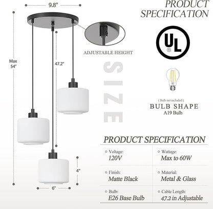 3-Light Pendant Lighting, Black Dining Room Chandelier Light Fixture Over Table with Milk Glass, Modern Cluster Hanging Lights for Kitchen Island Dining Room Sink, OS-YQ8153-3BKW