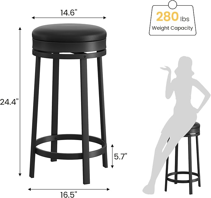 GAOMON 24 inch Swivel Bar Stools Set of 4, Counter Height Barstool with Footrest and PU Leather Upholstery, Metal Frame, Kitchen Barstools for Kitchen Island, Home Bar, Black