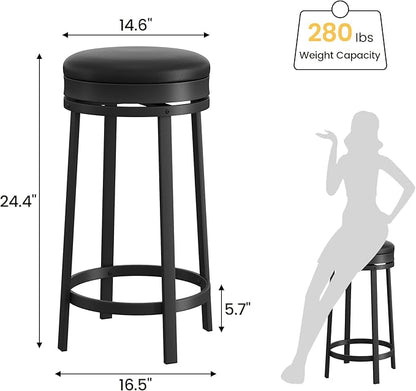 IDEALHOUSE 24'' Swivel Bar Stools Set of 4 with Footrest, Modern Counter Height Barstools with PU Leather Upholstered and Metal Frame, Backless Round Bar Stools for Kitchen Island, Black