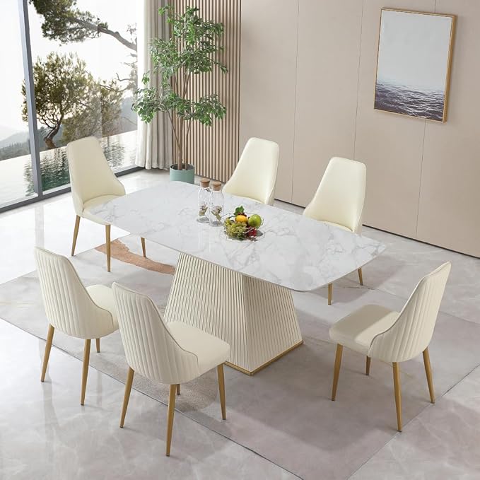 Modern Sintered Stone Dining Table for 6-8, Luxury Faux Marble Kitchen Table with Heavy-Duty Base, Heat-Resistant Furniture for Dining Room & Family Gatherings (Table+6 Chairs)