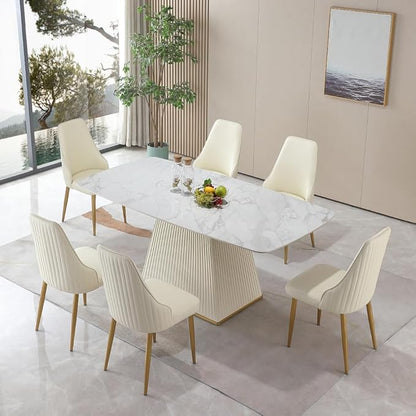 Modern Sintered Stone Dining Table for 6-8, Luxury Faux Marble Kitchen Table with Heavy-Duty Base, Heat-Resistant Furniture for Dining Room & Family Gatherings (Table+6 Chairs)