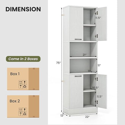 75” Kitchen Pantry Cabinet, Tall Freestanding Kitchen Hutch with 4 Doors, 2 Open Shelves & 4 Anti-Tipping Devices, Bathroom Storage Cabinet for Living Room, Dining Room (White Oak)