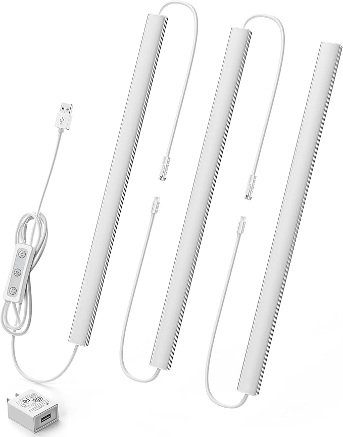 ASOKO HOME Dimmable Wired Under Cabinet Lighting - 3 Pack of 12-Inch Cold White 6000K Linkable USB LED Lights for Kitchen, Desk, Sink, and Workbench